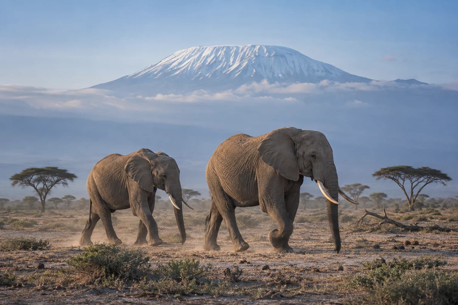 AI-generated illustration: Two African elephants walking across the dusty Amboseli basin, Mount Kilimanjaro's snow-capped summit clearly distant behind, cool blue dawn.