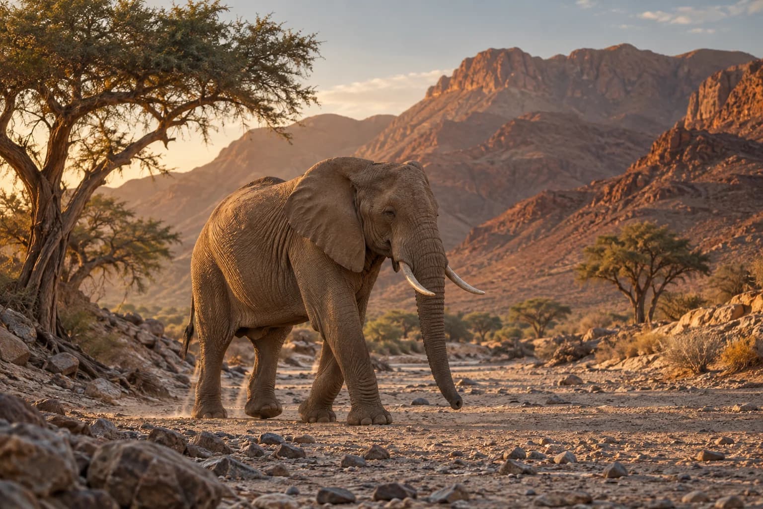AI-generated illustration: A desert-adapted African elephant walking through a dry riverbed in Namibia's Damaraland, rugged rust-coloured mountains and sparse ana trees, late golden light.