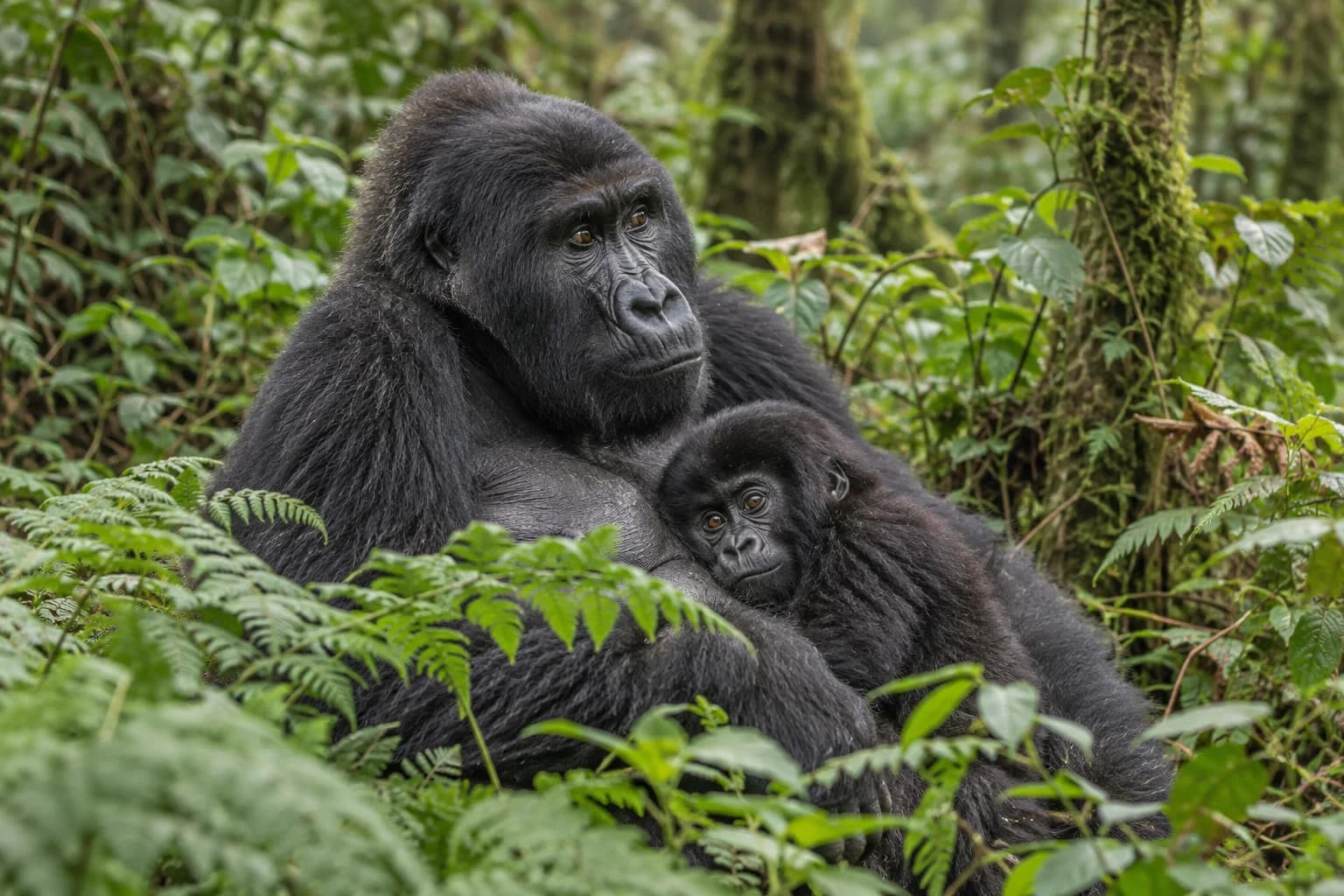 AI-generated illustration: A female mountain gorilla with a young juvenile partly sheltered among ferns in Bwindi Uganda, quiet candid scene in soft overcast forest light, natural family interaction.