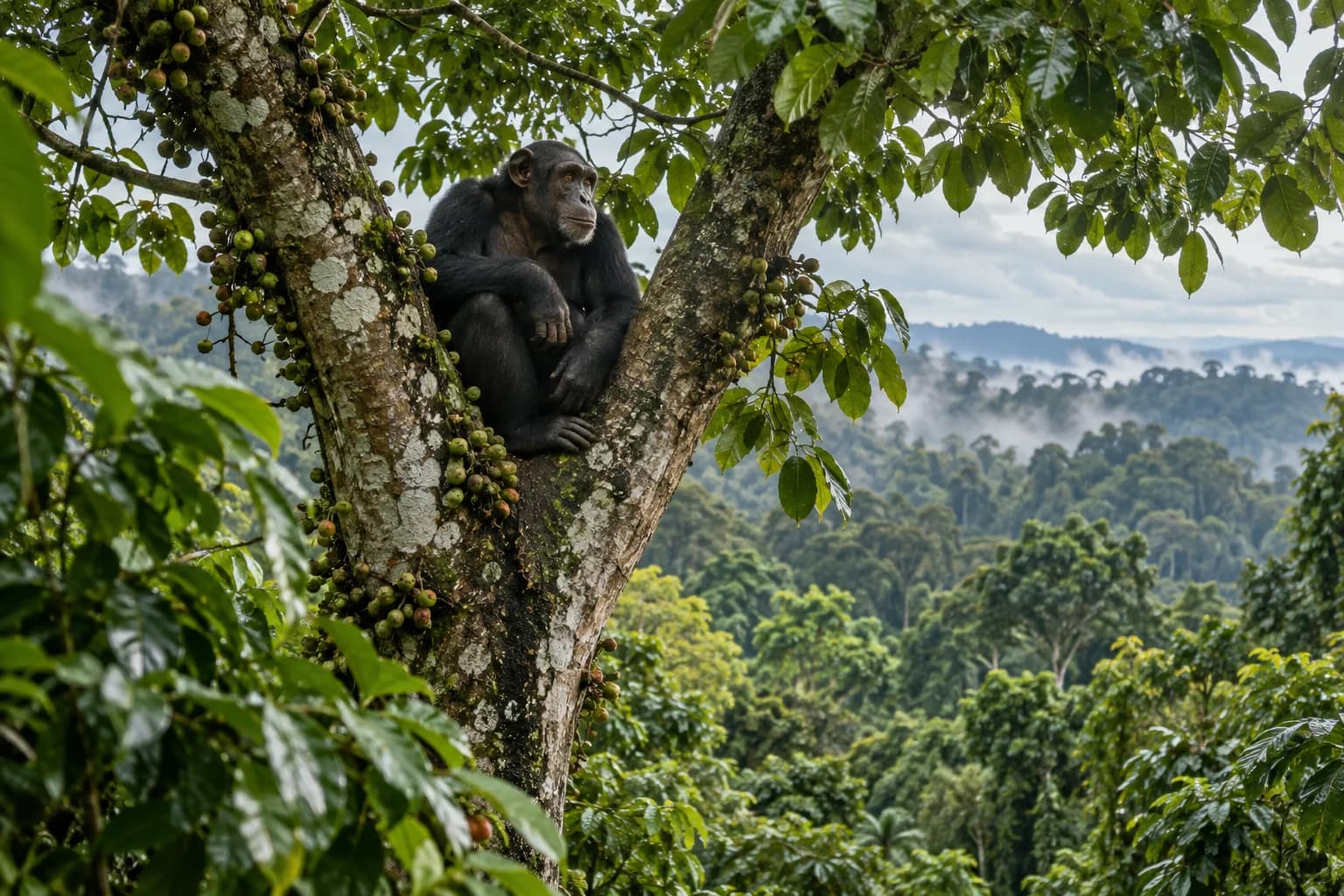 AI-generated illustration: A chimpanzee sitting high at the fork of a large fig tree in Kibale Uganda, wide rainforest canopy composition with glistening green leaves after rain.