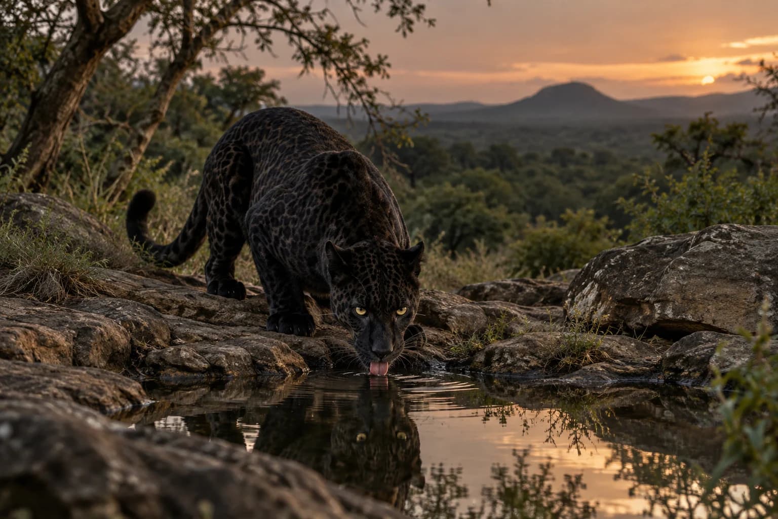AI-generated illustration: A black leopard drinking at a small rocky pool in Laikipia Kenya, visible reflection and green-brown woodland, subtle natural late evening illumination.