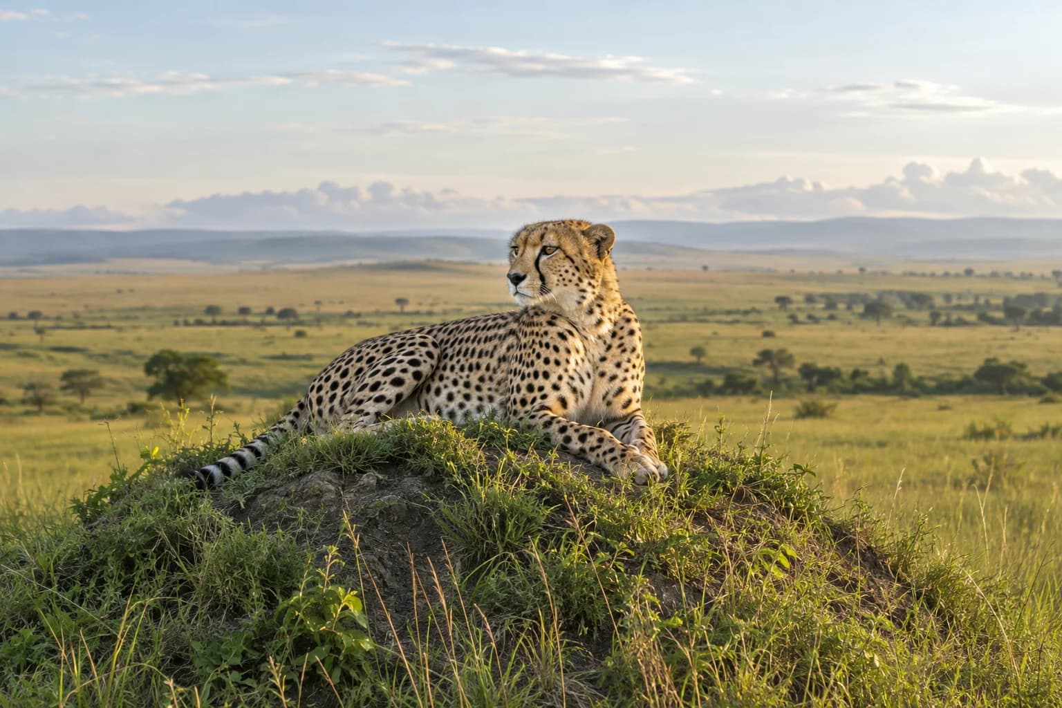AI-generated illustration: A cheetah resting on a low grassy termite mound overlooking the Masai Mara Kenya, wide green-gold plains beneath a pale morning sky, clean environmental portrait.