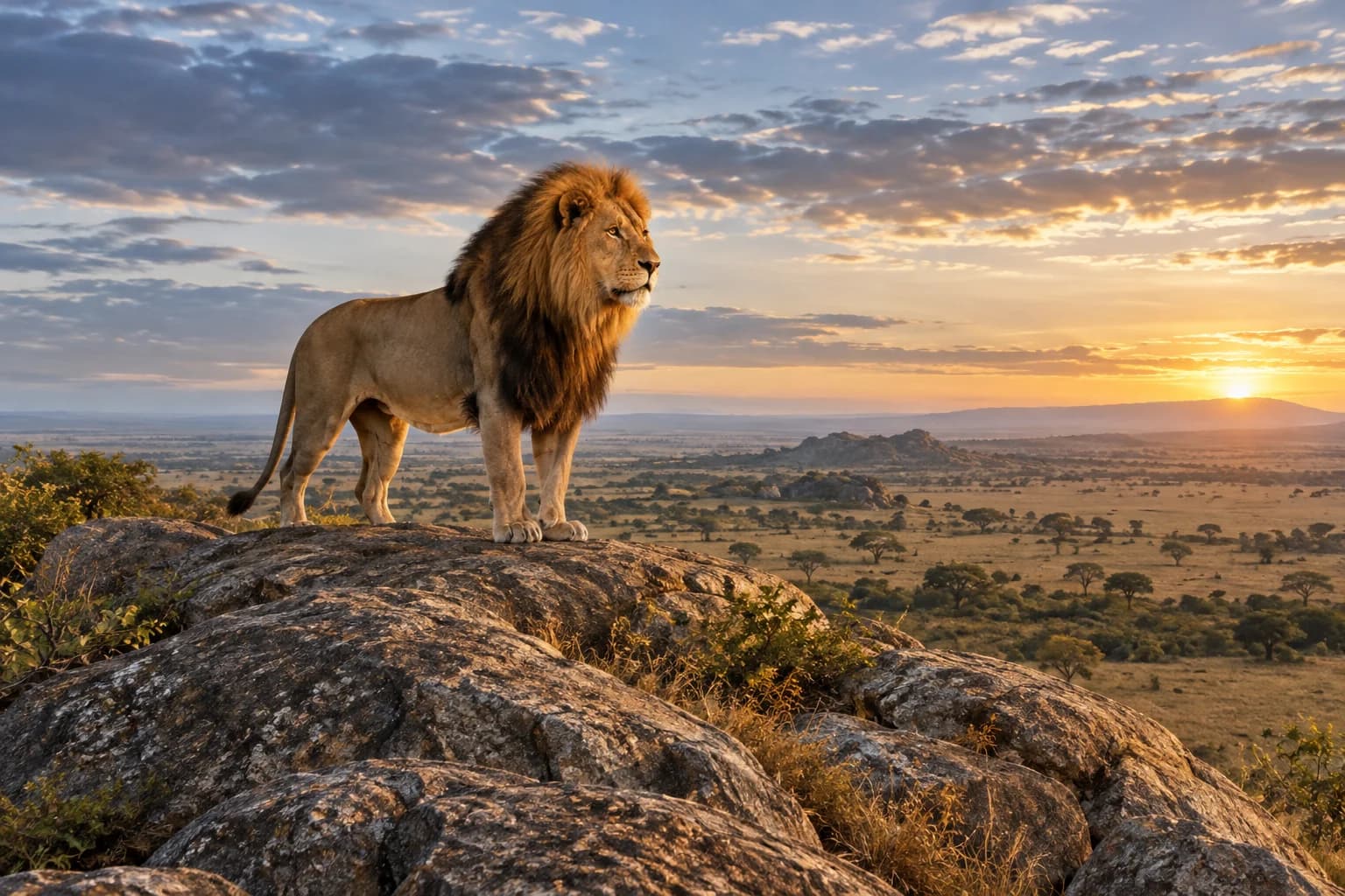 AI-generated illustration: A male lion on a weathered Serengeti granite kopje at first light, distant immense grassland, wide scene with warm rocks and cool sky.