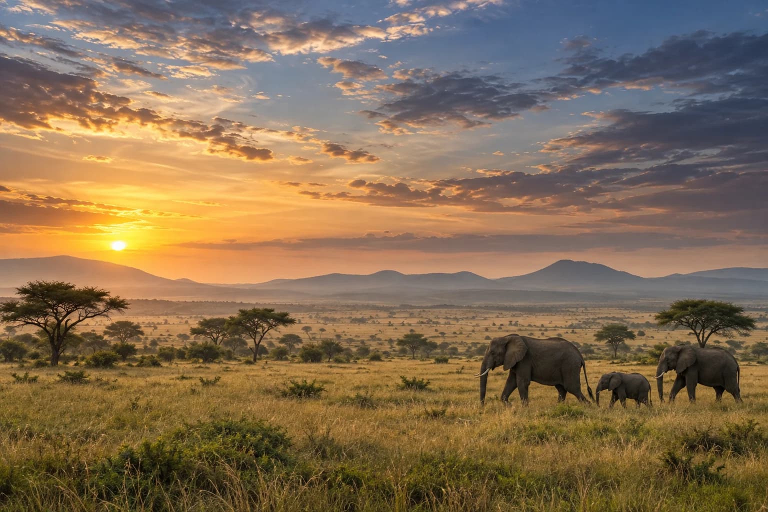 AI-generated illustration: An expansive East African savannah panorama at dawn: a small elephant family moving in the lower right across luminous grass, scattered acacias, distant layered hills and sweeping clouds. Landscape and sky dominate, calm open central area for website title, realistic natural scale.
