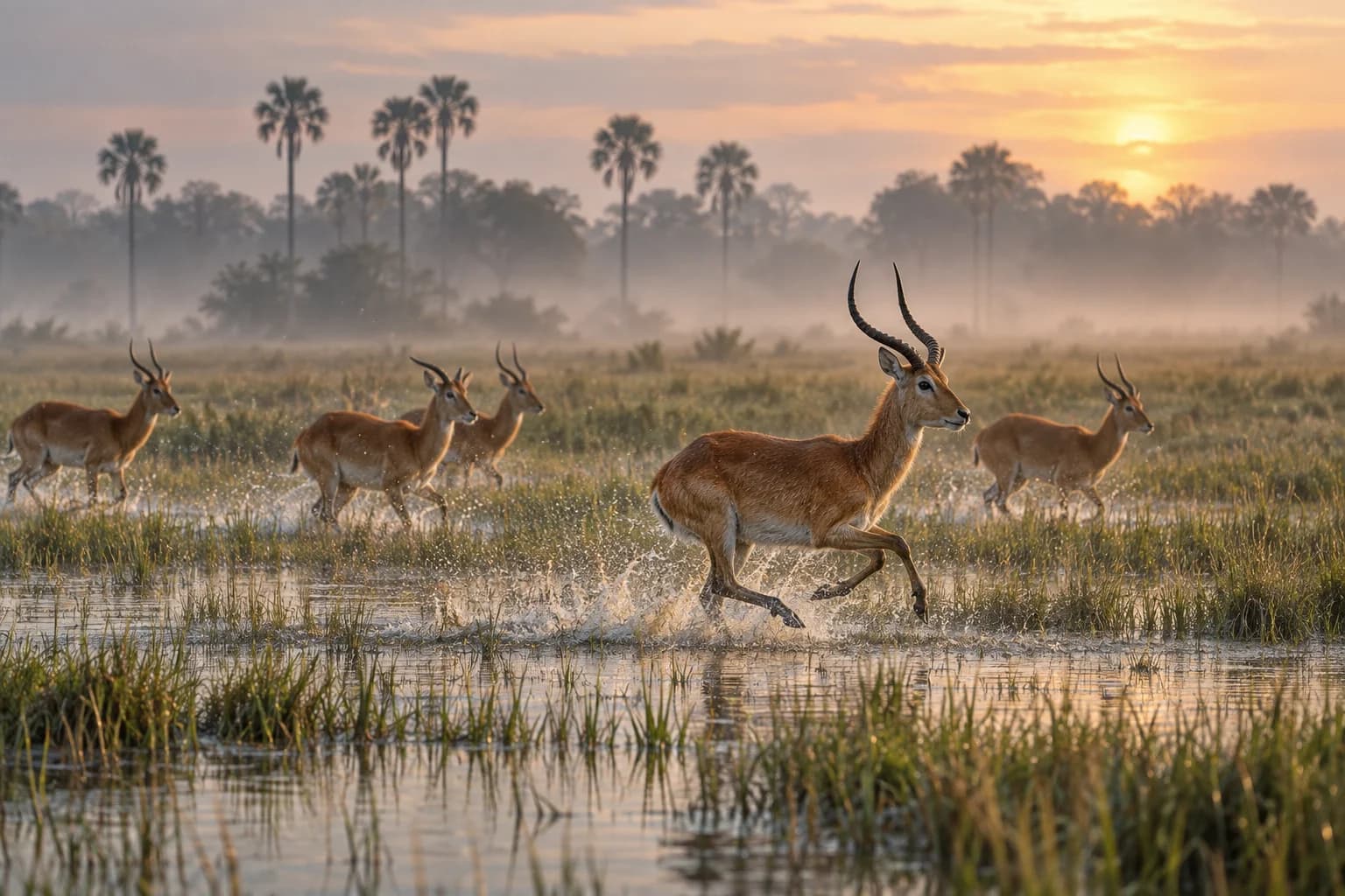 AI-generated illustration: Red lechwe antelope bounding through shallow water on Zambia's Busanga floodplain in Kafue, distant palms in soft dawn mist, open grassy wetland.