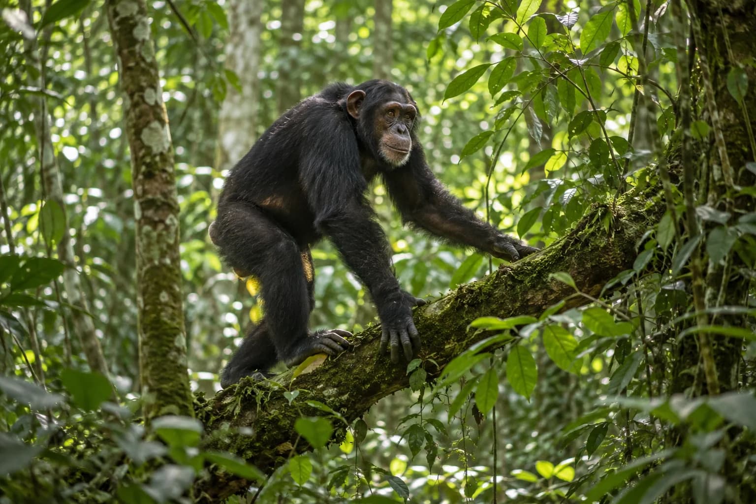 AI-generated illustration: An adult chimpanzee climbing a low mossy branch within dense Kibale rainforest Uganda, leafy canopy and shafts of green filtered light.