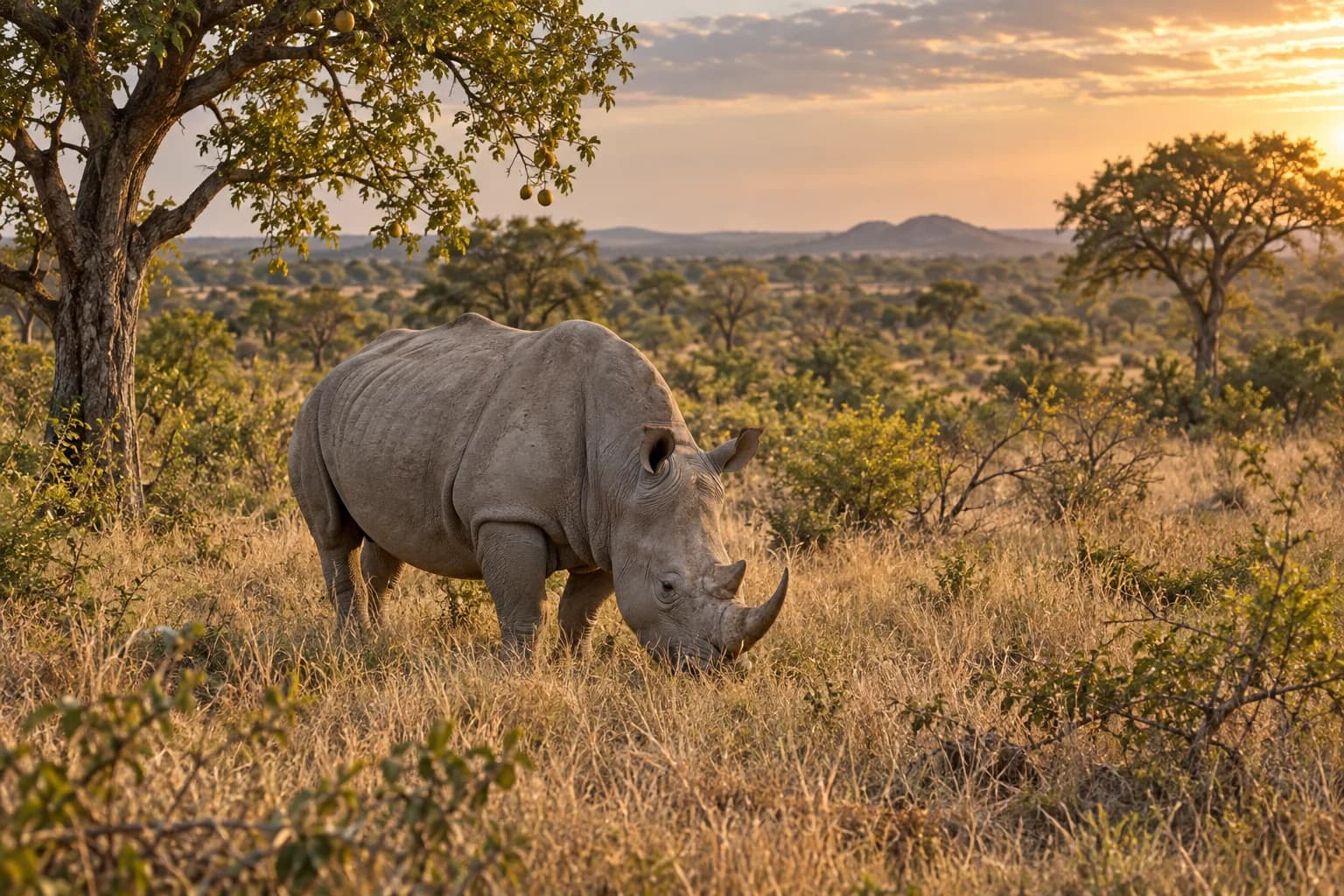 AI-generated illustration: A white rhinoceros grazing in open Kruger South Africa bushveld with scattered marula trees and dry grasses, accurate square mouth and anatomy, calm late-afternoon scene.