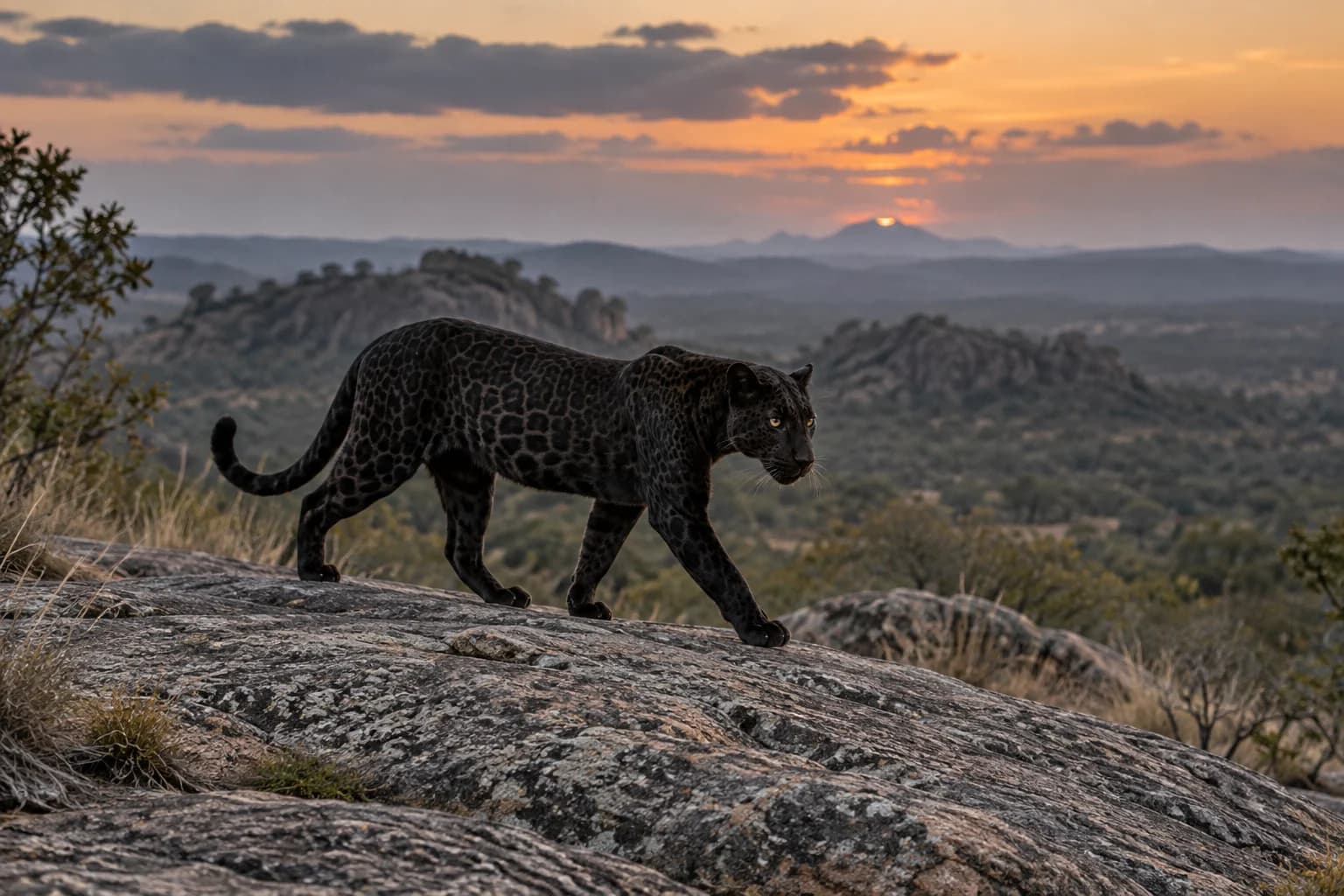 AI-generated illustration: A solitary melanistic African leopard walking across a pale granite outcrop in Laikipia Kenya, subtle rosettes visible in soft twilight, full animal visible.