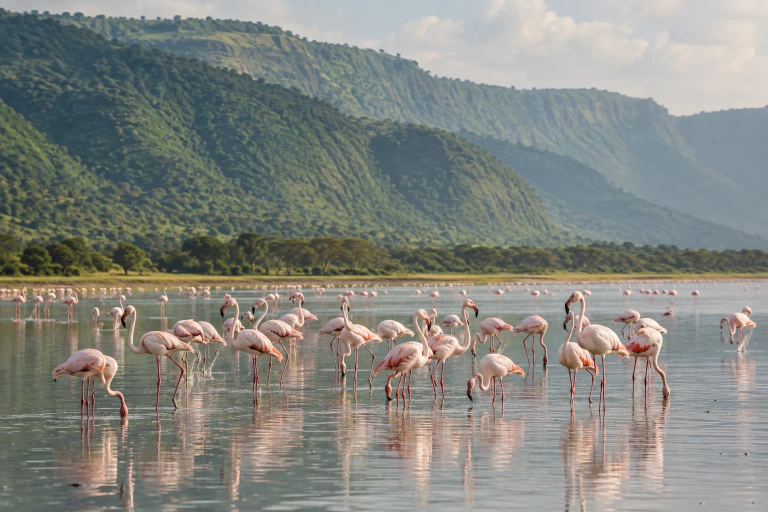 AI-generated illustration: A flock of flamingos in shallow Lake Manyara water beneath the green Rift Valley escarpment, soft hazy daylight, pale water reflections.