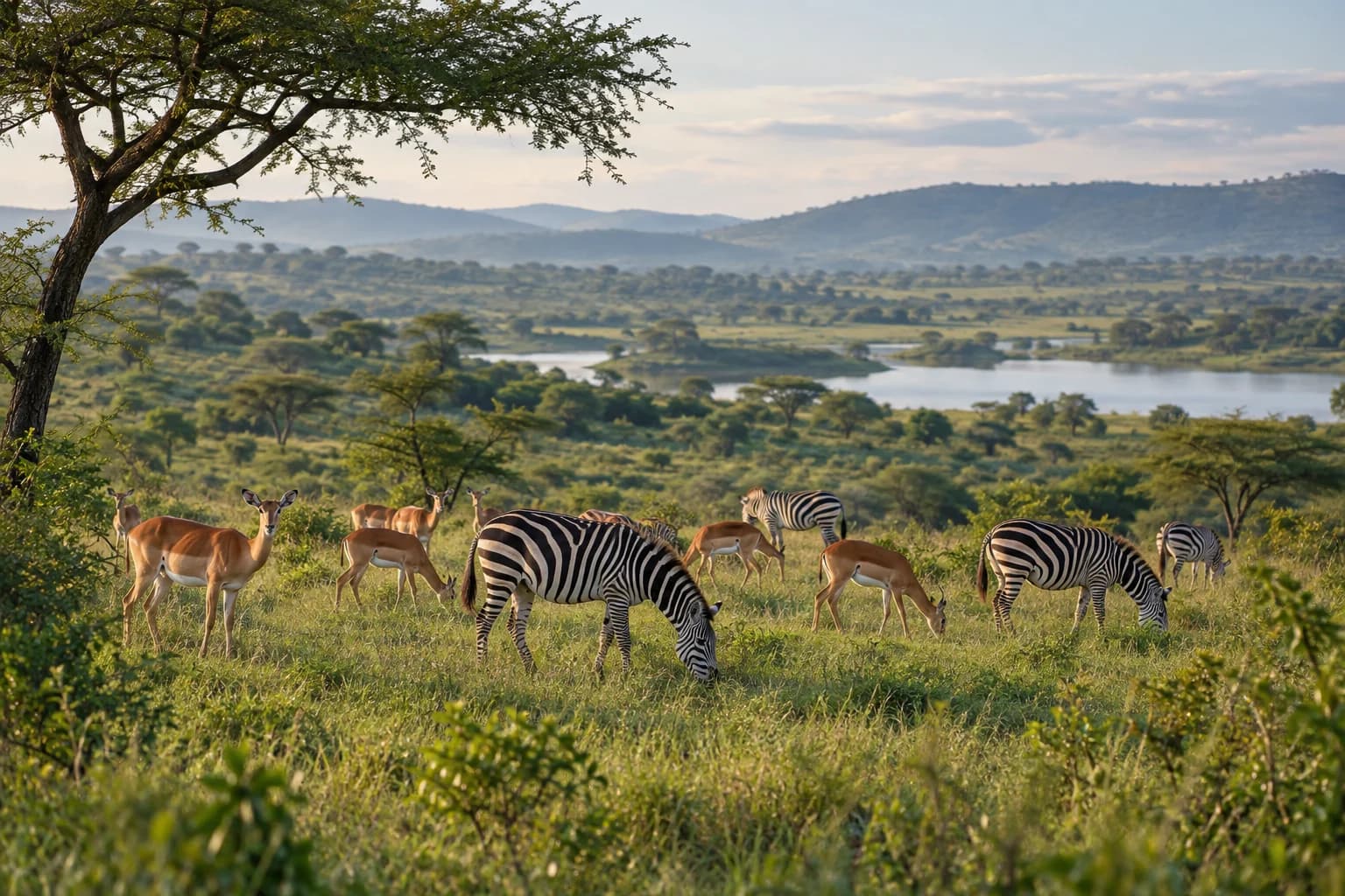 AI-generated illustration: Impalas and plains zebras grazing in Lake Mburo Uganda's undulating acacia woodland, a small waterbody in the background, tranquil morning.