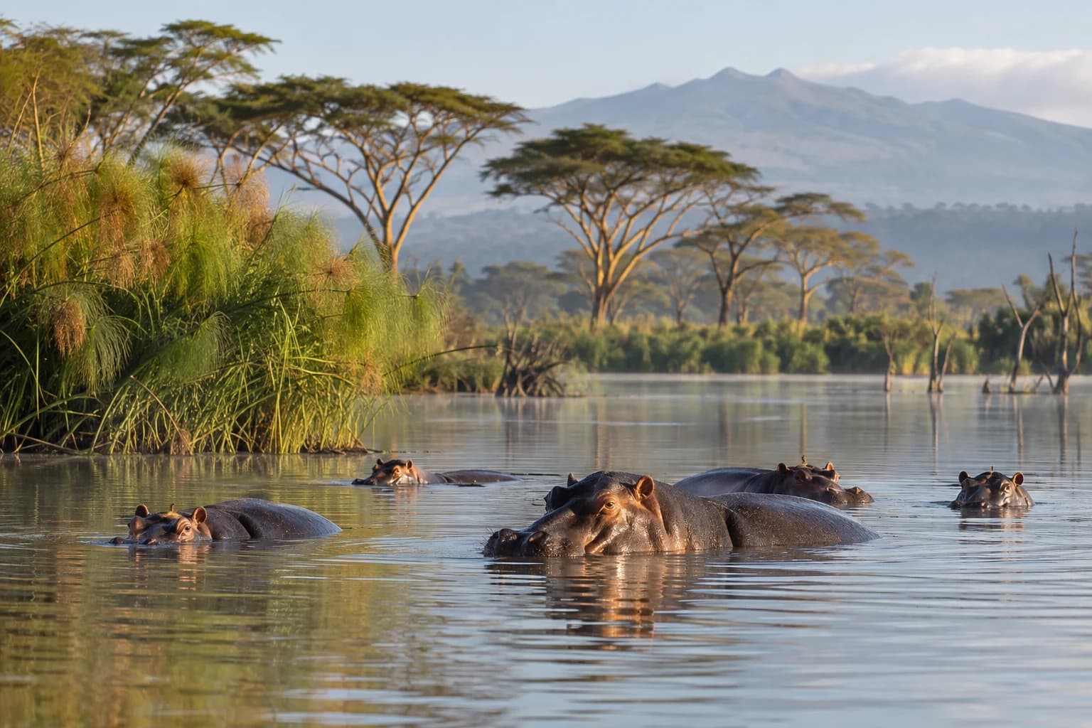 AI-generated illustration: Lake Naivasha in Kenya, hippos partly submerged in calm water, papyrus fringes and fever trees reflected in soft morning light. One coherent lake scene.