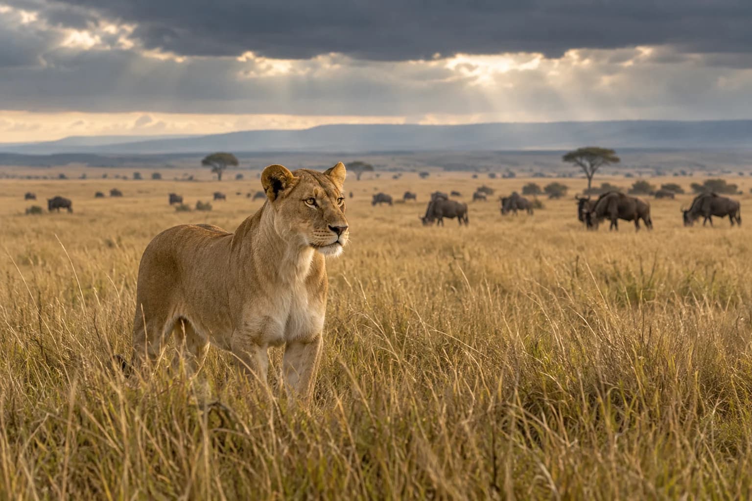 AI-generated illustration: A lioness standing in waist-high golden grass on Kenya's Masai Mara plains, distant scattered wildebeest under a moody cloud bank.