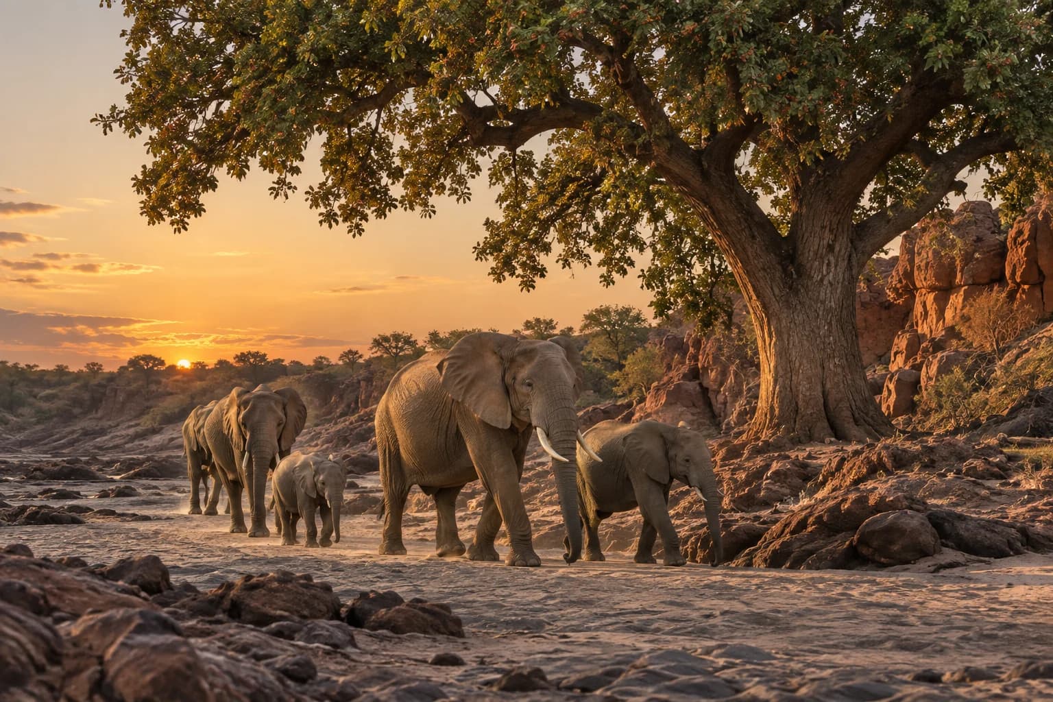 AI-generated illustration: A group of elephants moving through a dry sandy riverbed beneath a towering nyala berry tree in Mashatu Botswana, rocky red earth and warm evening light.