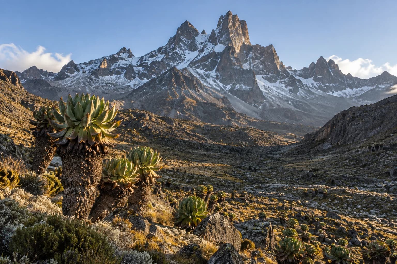 AI-generated illustration: Mount Kenya's rugged twin rock peaks above an Afro-alpine valley with giant groundsels, cold clear morning, dramatic high-altitude landscape without wildlife.