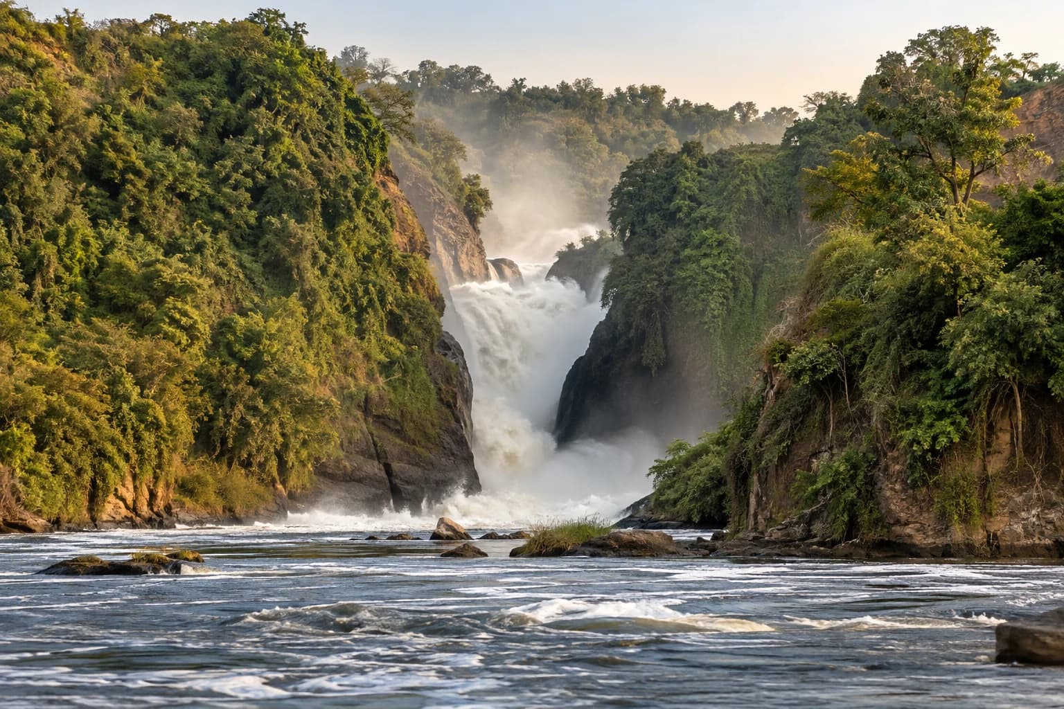 AI-generated illustration: The Nile forcing through the narrow rocky gorge at Murchison Falls Uganda, powerful white water and rising spray amid green riverbanks, real landscape proportions.