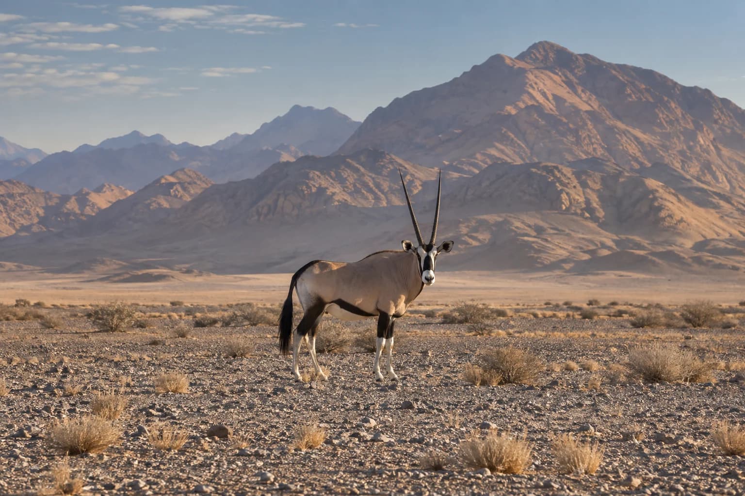 AI-generated illustration: The vast Namibian desert with a single oryx on a gravel plain, weathered ochre mountains far behind, silver-blue early morning sky, quiet spare landscape.