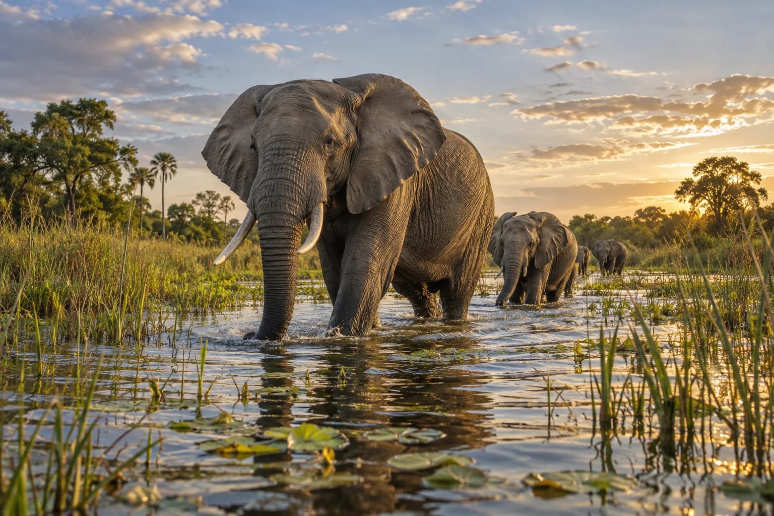 AI-generated illustration: A low water-level view of Botswana's Okavango Delta, African elephants wading through a clear reed-lined channel, green islands and glowing afternoon sky.