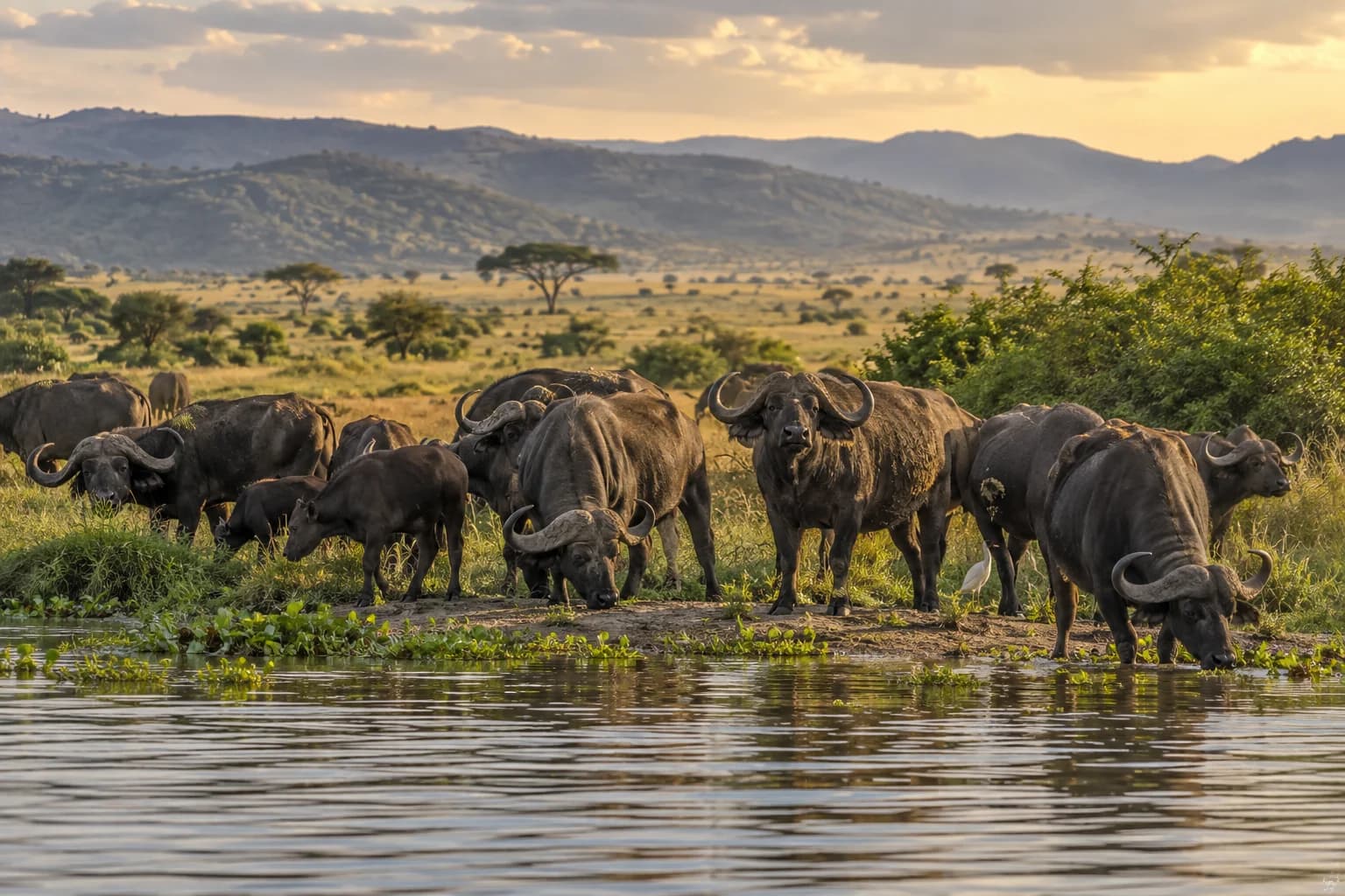 AI-generated illustration: A herd of African buffalo at the edge of Uganda's Kazinga Channel with open savannah and low hills behind, late afternoon light.