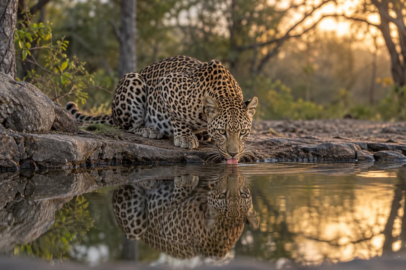 AI-generated illustration: A leopard drinking beside a still waterhole in Sabi Sands South Africa, mirror reflection and soft wooded background, subtle golden light.
