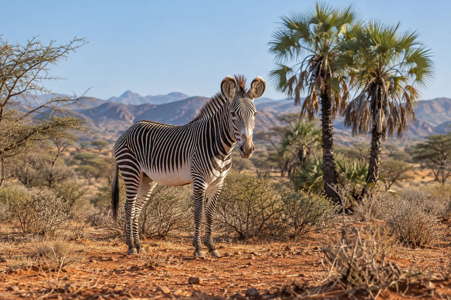 AI-generated illustration: A Grevy's zebra with narrow stripes standing among ochre soil, sparse dry scrub and doum palms in Samburu Kenya, hot clear light.
