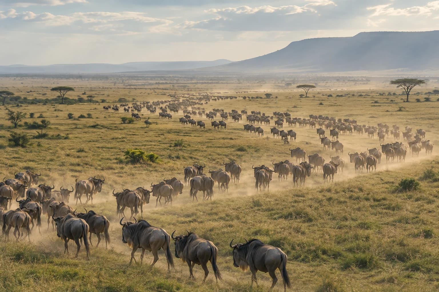 AI-generated illustration: Long lines of blue wildebeest stretching across the immense short-grass Serengeti plains, pale dust hanging in the afternoon light, understated aerial-oblique landscape.