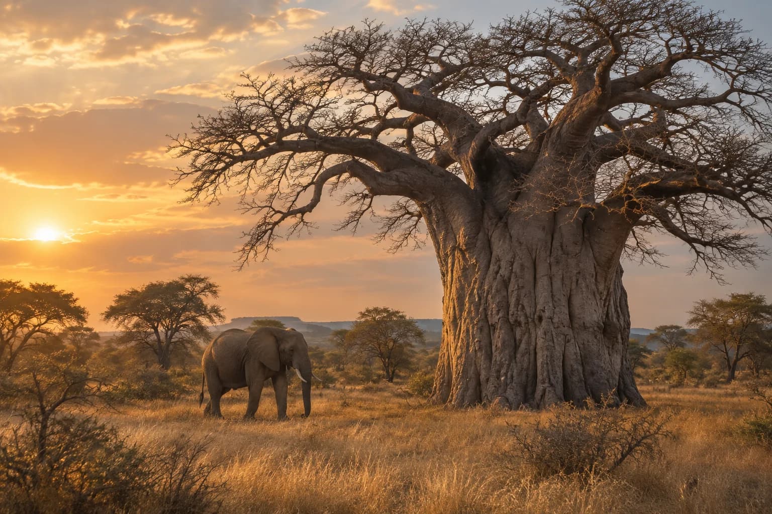 AI-generated illustration: An African elephant beside a massive old baobab in Tarangire Tanzania, dry golden woodland in side-lit evening, elephant small compared with tree.