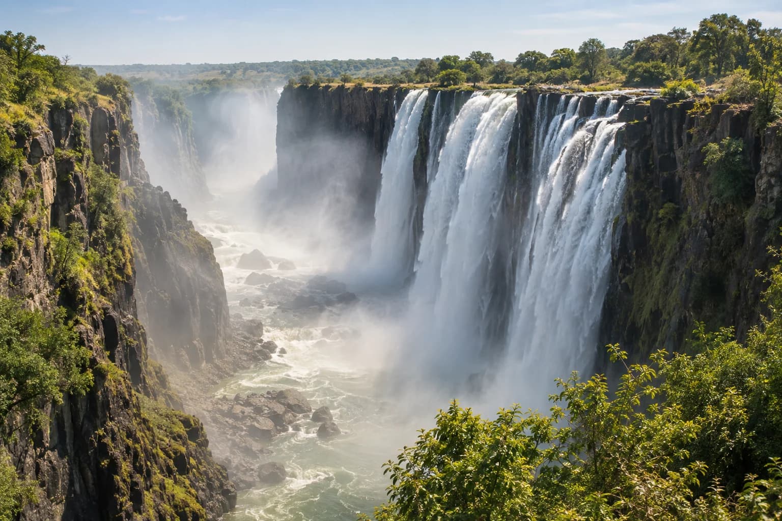 AI-generated illustration: Victoria Falls seen obliquely along its basalt gorge, enormous curtains of water and spray with surrounding green woodland, clear natural afternoon light, no invented buildings.